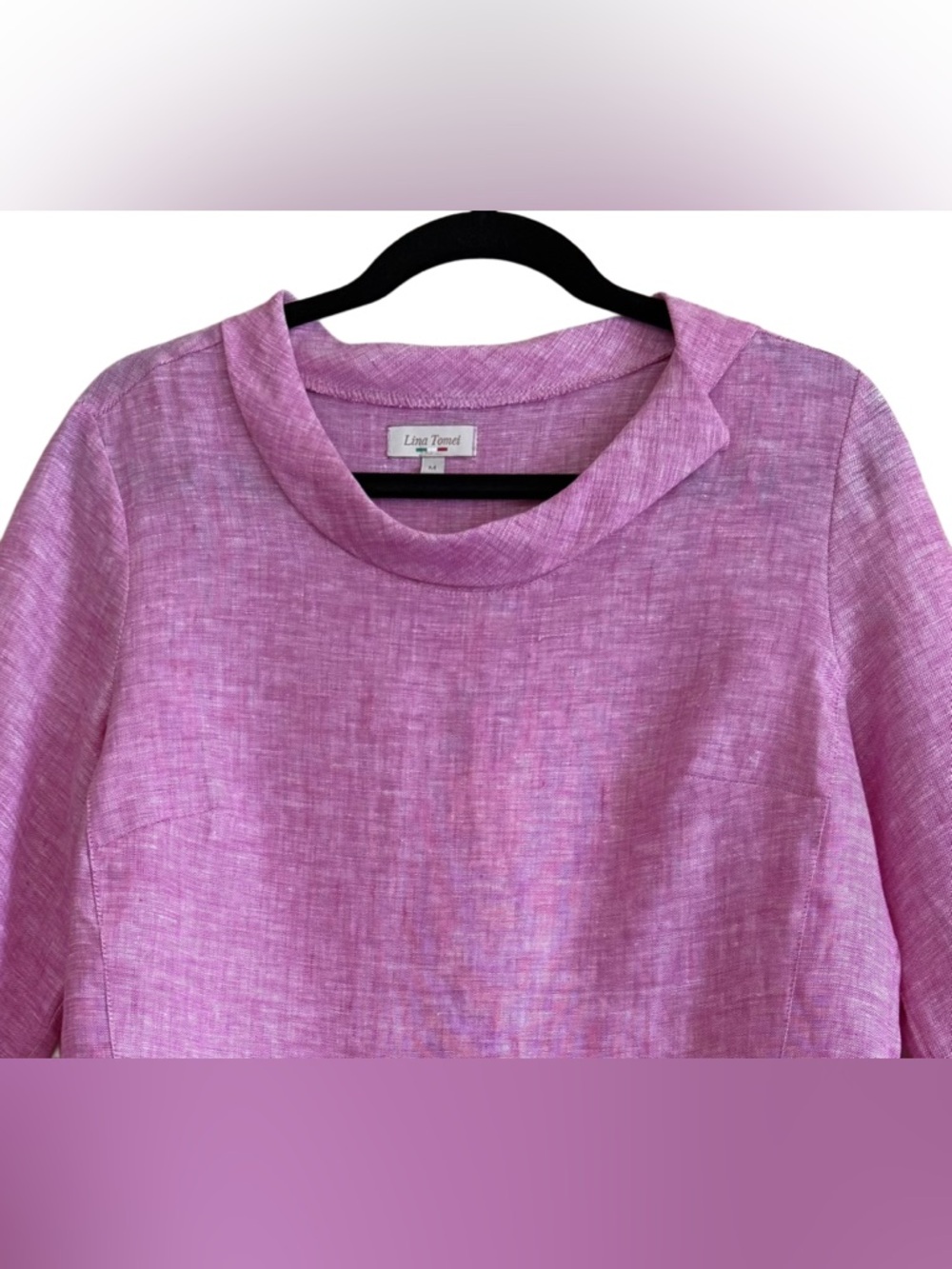 Lina Tomei 100% Linen Preppy Feminine Minimalist Retro Fold Over Collar Top Sz M - Picture 2 of 9